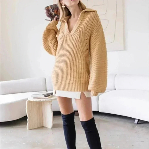 Knit Collar V-Neck Long Sleeve Sweater Tan Taupe - Picture 5 of 6